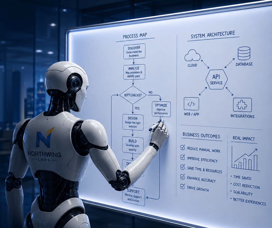 Humanoid robot mapping a business workflow, system architecture, and business outcomes on a futuristic whiteboard.